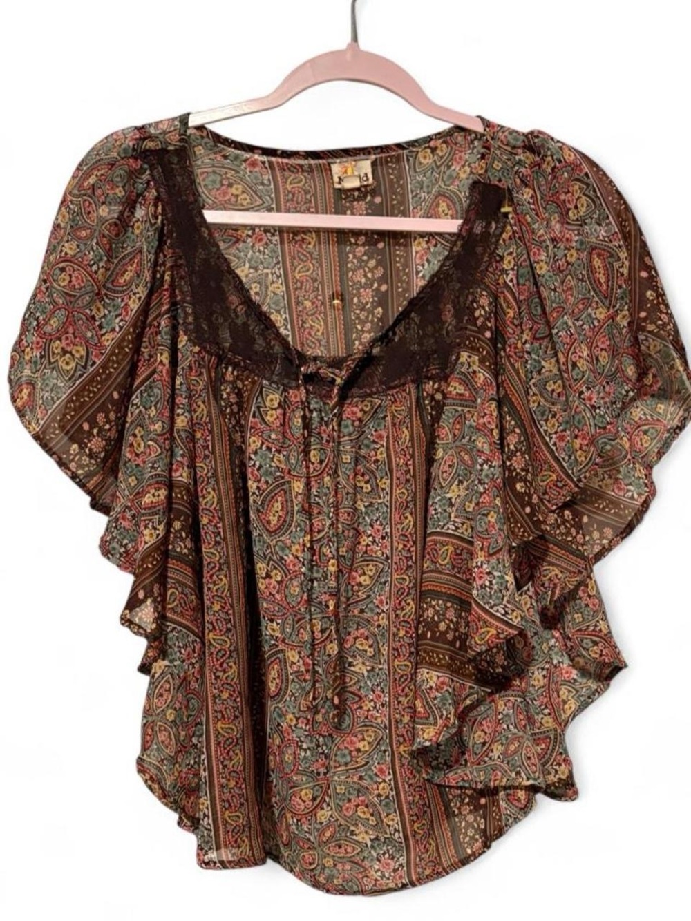 Vintage y2k Mudd boho brown sheer paisley glowy top small